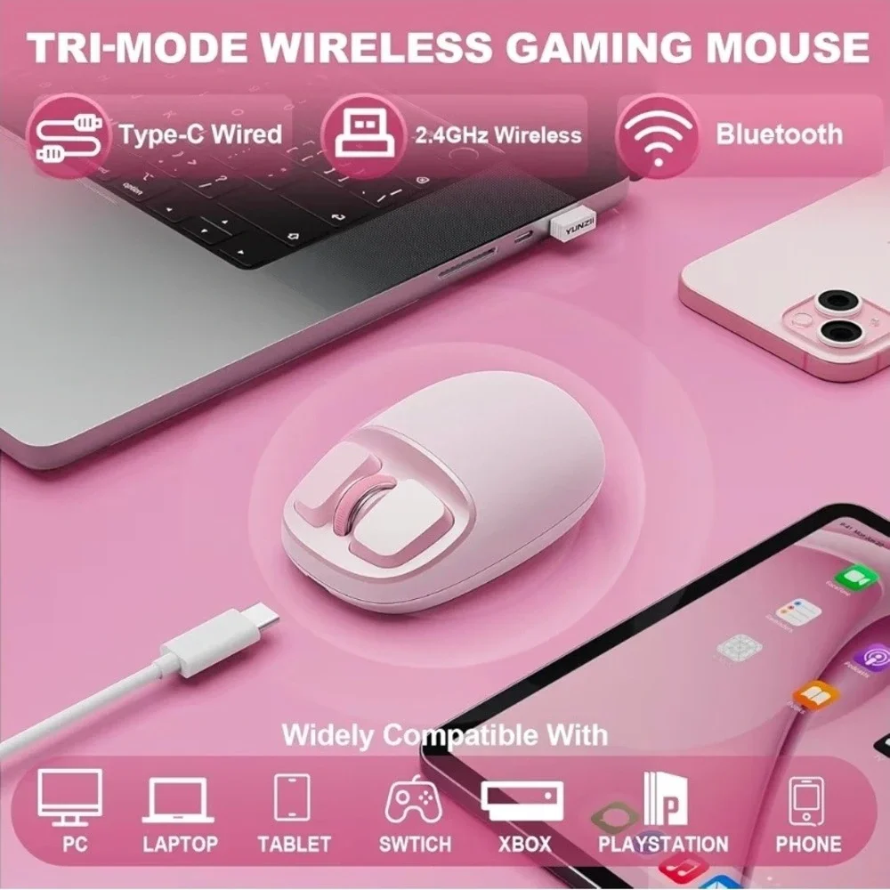 YUNZII C1 Silicone Wireless Mouse‎ Tri-Mode Bluetooth 4800 DPI Pink C1-Pink